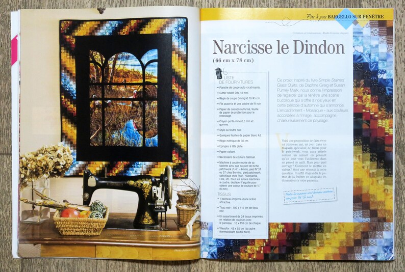 Op de afbeelding: Een kleurrijk naaldwerkproject met de titel "Narcisse le Dindon" (66 cm x 78 cm) met instructies voor het maken van het project. Het project toont een raam met een vogel en een blauwe lucht.