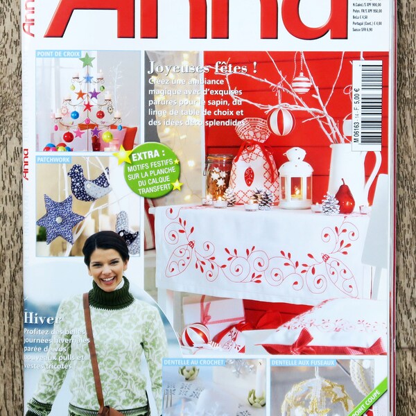 Magazine Anna Burda ouvrages manuels 12/2008, Burda magazine, patron broderie, tricot femme, broderie fleurs, crochet, hardanger, Noël