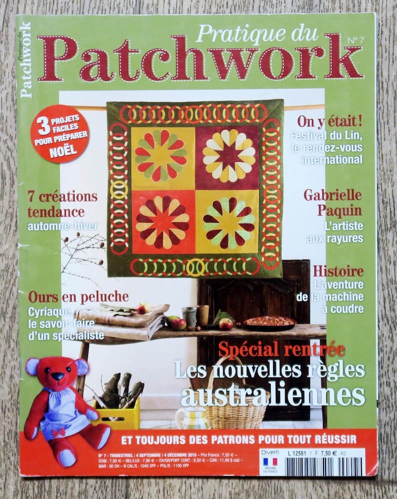 Op de afbeelding: Een tijdschriftcover voor "Pratique du Patchwork" nummer 7. De cover toont een kleurrijk patchwork-deken met een stervormig ontwerp, een teddybeer en de tekst "Les nouvelles r&egrave;gles australiennes".