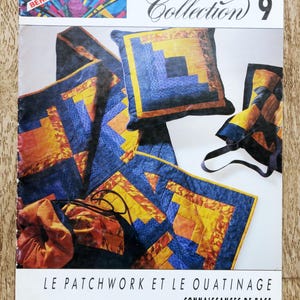 Könnte beinhalten: Ein Magazincover mit Patchwork-Designs in Blau, Orange und Gelb. Der Text "Collection 9" ist sichtbar, zusammen mit dem Bernina-Logo. Das Cover enthält auch den französischen Text "LE PATCHWORK ET LE OUATINAGE CONNAISSANCES DE BASE."