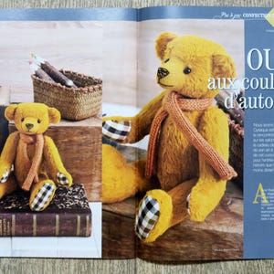 Op de afbeelding: Twee pluche teddyberen, een bruine en een gele, zijn gekleed in herfstthema outfits. De gele beer draagt een bruine sjaal en heeft een geruit patroon op zijn poten. De bruine beer draagt een geruite sjaal en heeft een geruit patroon op zijn poten. De tekst "OURS aux couleurs d'automne" is zichtbaar op de achtergrond.