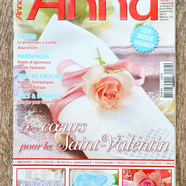 Magazine Anna 28,  magazine broderie, point de croix, tricot femme, Décoration St Valentin, Hardanger, filet au crochet, sac en feutrine