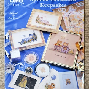 Livret DMC / Special occasions Keepsakes, grille de broderie, grille de point de croix, broderie ours, broderie naissance, carte brodée