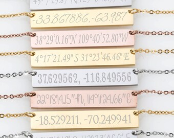 Custom Engraved Personalized Gold Silver Coordinates Necklace, Location GPS Coordinates, Latitude Longitude, Wedding Gift, Anniversary Gift