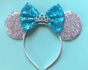 Cinderella Ears | Affordable Mickey Minnie Princess Tiara Inspired Ears | Fairy Godmother Glitter Sequin Bow Sparkle Headband
