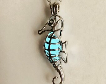 Seahorse Glow Necklace | Animal Aquatic Gift | Glowing Fish Silver Turquoise Necklace