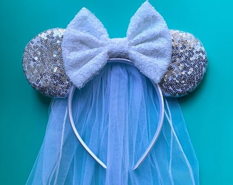 Bride Minnie Mickey Ears with 24 Inch Veil / Affordable Bride To Be Wedding Party Ears / Disneyland Disney World Cruise Sequin Bow Headband