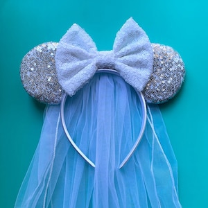 Bride Minnie Mickey Ears with 24 Inch Veil / Affordable Bride To Be Wedding Party Ears / Disneyland Disney World Cruise Sequin Bow Headband