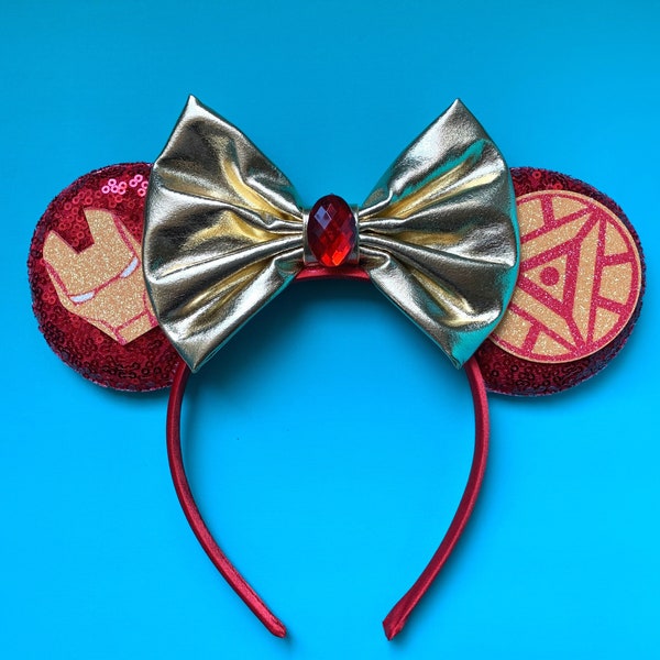 Iron Man Ears | Affordable Marvel Avengers Inspired Mickey Ears | Tony Stark Glitter Sequin Bow Headband