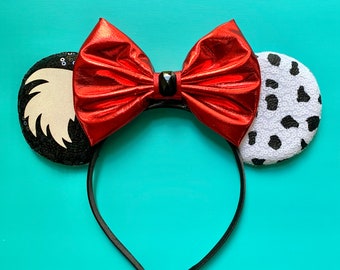 Cruella de Vil Mickey Ears | Affordable Disney 101 Dalmatians Inspired Mickey Ears l Cruella Deville Devil Glitter Sequin Bow Headband