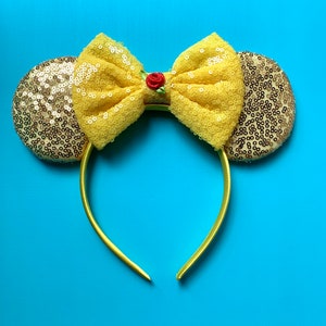 Princess Belle Ears | Disney Beauty and the Beast Inspired Mickey Ears | Rose Glitter Sequin Bow Headband