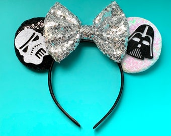 Darth Vader Stormtrooper Ears | Affordable Star Wars Inspired Mickey Ears | Glitter Sequin Bow Headband