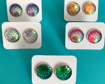 5 pair Mermaid Earrings / Iridescent Stud Earring Set / Disney Cruise Fish Extender Gift / FE Gift / Disney World Disneyland  Girls Teens /