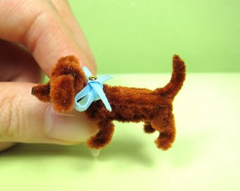 Pipe cleaner animal, a tiny brown dachshund, doll, dollhouse, Blythe, miniature, chenille stems