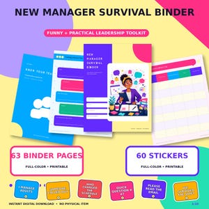 Puede incluir: Un kit de New Manager Survival Binder con 63 páginas imprimibles a todo color y 60 pegatinas. El conjunto incluye varias plantillas de organización, un kit de herramientas de liderazgo y etiquetas coloridas con texto como I Manage Adults.