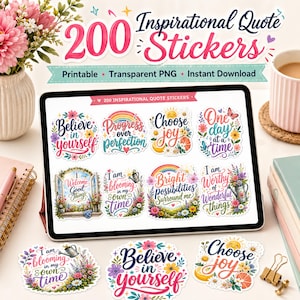 200 Positive Affirmation Sticker PNGs, Inspirational Quote Stickers for Planners & Cricut | Digital Download
