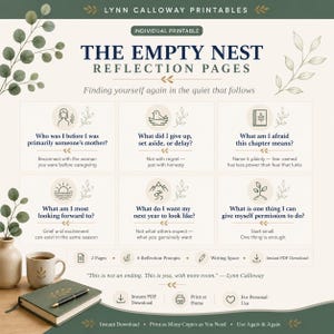 May include: A printable journal page titled "The Empty Nest Reflection Pages" with prompts for self-reflection. The design features botanical illustrations, a cup of coffee, a journal, and a pen. The page is designed to help with personal growth.