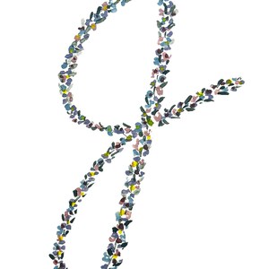May include: A handwritten letter J formed by a collection of small, multi-colored floral brushstrokes in shades of blue, purple, pink, and yellow. The script character is composed of individual dabs of paint creating a textured, botanical appearance.