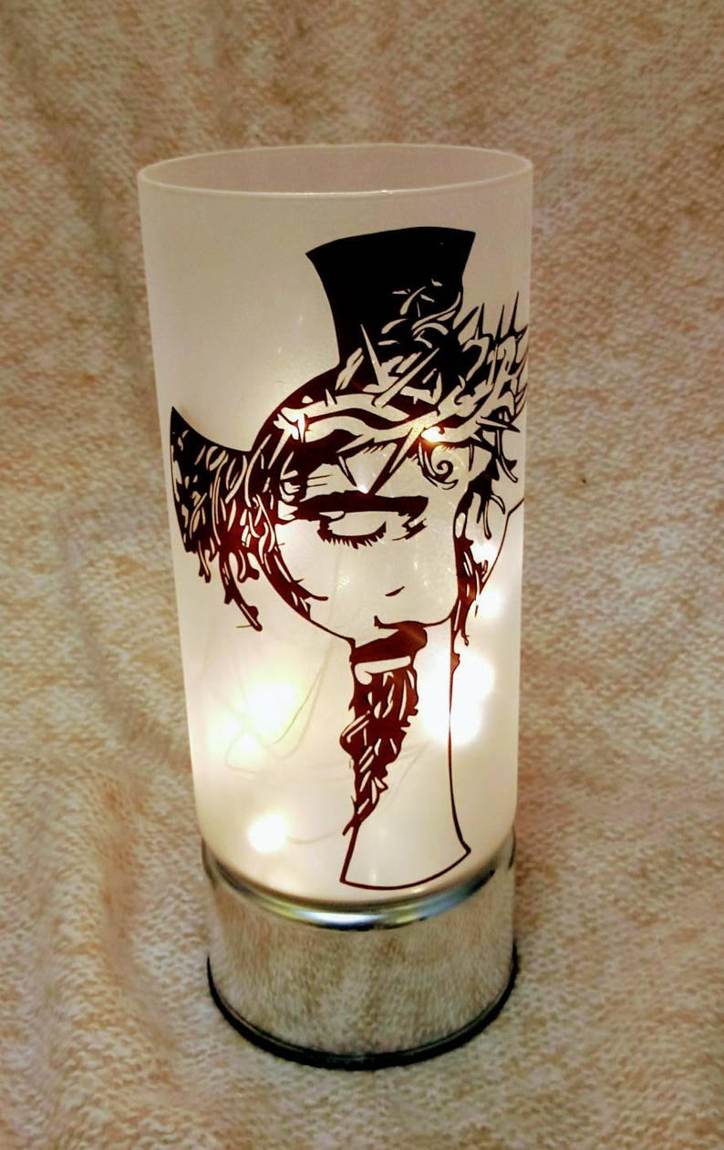 Frosted Glass Hurricane With Led Lights And Cross Etsy