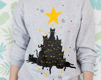 Christmas Cat Cute Kitten sweatshirt Women Unisex Men Girl Graphic sweatshirt Stars Funny Christmas Tree Winter sweatshirt Cat Lover Gift