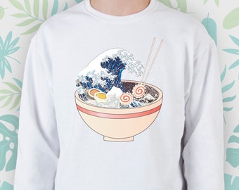 Ramen sweatshirt for Women Men Girl sweater Japanese Art Graphic sweatshirt for Teens Japan Food Artsy Funny Kanagawa Wave Unisex Crewneck