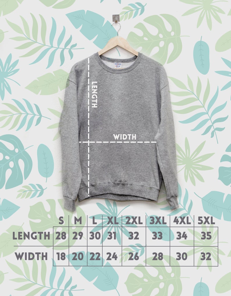 May include: A size chart for a gray sweatshirt with measurements in inches for length and width. The chart shows sizes from small to 5XL.