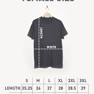 May include: A size chart for a t-shirt with measurements in inches for length and width. The chart shows sizes from S to 3XL.