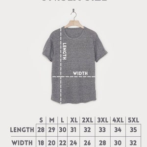 May include: Unisex size chart for a t-shirt with measurements in inches for length and width. The chart shows sizes from S to 5XL.