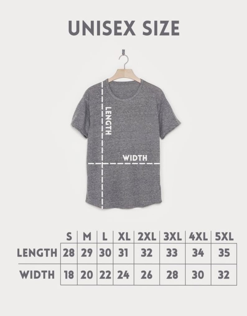 May include: Unisex size chart for a t-shirt with measurements in inches for length and width. The chart shows sizes from S to 5XL.