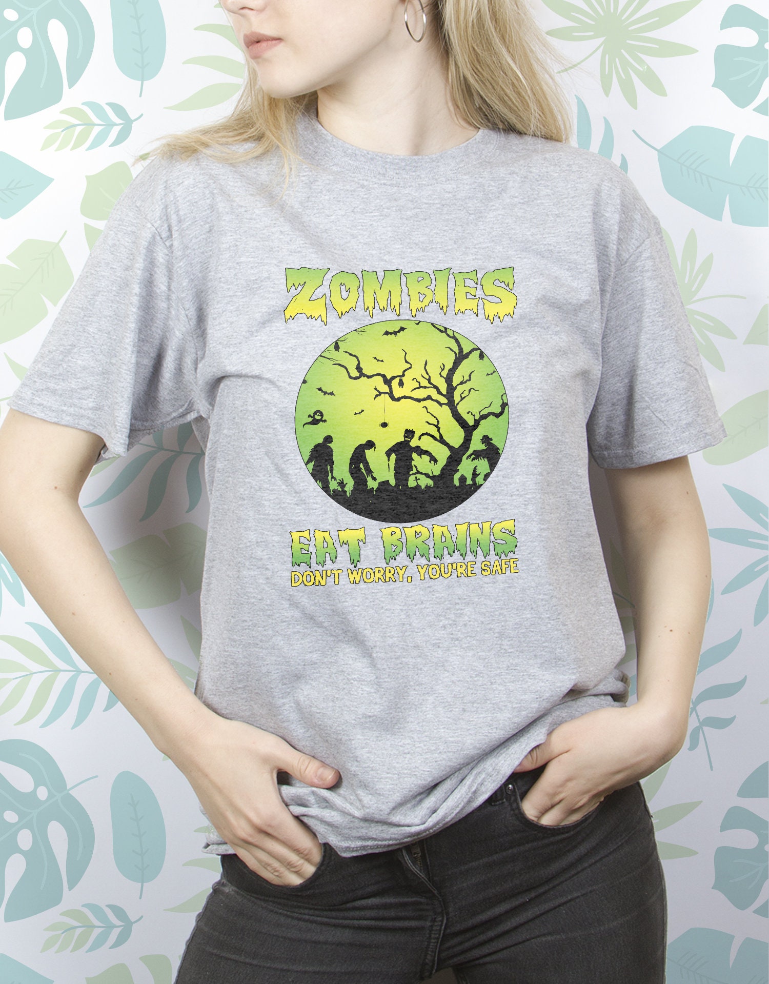 Discover Zombie shirt for Women Men t shirt tshirt Horror Funny Saying Zombies Eat Brains Don't Worry You're Safe Graphic Design Unisex shirt gift