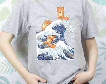 Fox shirt Vintage for Women Men Girl t shirt tshirt Japanese Art Kawaii Graphic tee Funny Japan Animal Dance Ocean Great Wave of Kanagawa