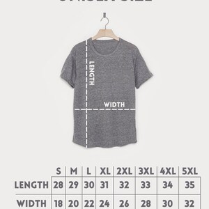 May include: Unisex size chart for a t-shirt with measurements in inches for length and width. The chart shows sizes from small to 5XL.