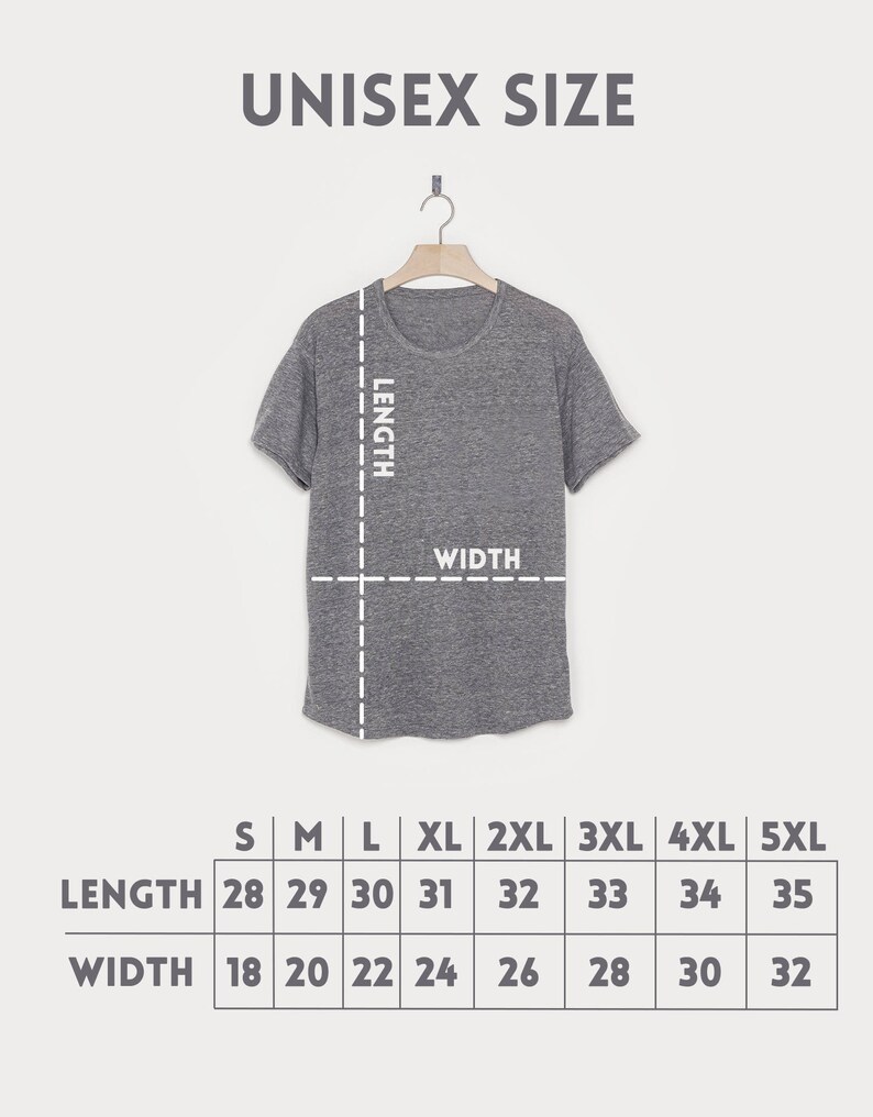 May include: Unisex size chart for a t-shirt with measurements in inches for length and width. The chart shows sizes from small to 5XL.