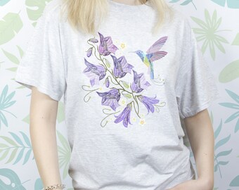 Violet Flowers shirt for Women Men Girls t shirt tshirt Kawaii Bird Graphic tee shirt for Lady Nature Plant Hummingbird Unisex shirt Gift