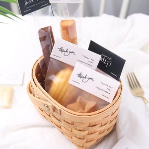 200pcs Bolsas OPP de celofán transparente con tarjeta de logotipo comercial personalizada / Bolsas de embalaje de productos hechos a mano de panadería