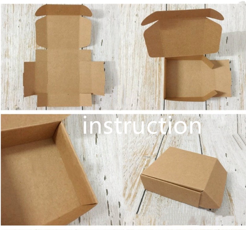 K&ouml;nnte beinhalten: Anleitung zum Zusammenbauen einer braunen Pappbox. Die Box wird in vier verschiedenen Montagephasen gezeigt.