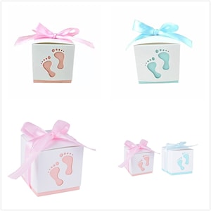 100 Scatole per bomboniere in carta per piedini rosa e blu per neonata, neonato, gemelli, baby shower, bomboniere per il primo compleanno, caramelle, cioccolato, lecca lecca