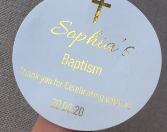 White Personalized Baptism Christening Stickers Rose Gold Silver Copper Foil Wording Baby Girl Boy 1st Birthday Party Gift Stickers Labels