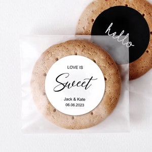 Pack of 96 Self Sealed Frosty Half-Clear Cellophane Bags and Personalised Sticker, Wedding Birthday Party Baby Shower Cookie Lolly Favor Bag