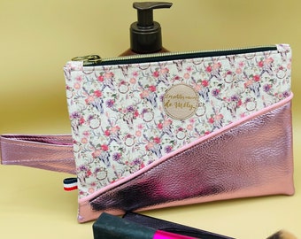 Toiletry bag - make-up pouch in flowery cork and glossy parma imitation