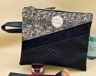 Trousse de toilette  - pochette à maquillage en liège dentelle, nubuck noir et simili cuir