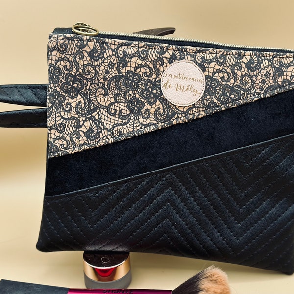 Trousse de toilette  - pochette à maquillage en liège dentelle, nubuck noir et simili cuir