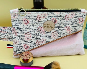 Toiletry bag - make-up pouch in cork and light pink velvet.