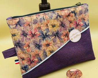 Toiletry bag - make-up pouch in purple and floral cork