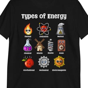Puede incluir: Camiseta negra con el texto "Types of Energy" y coloridas ilustraciones de diferentes tipos de energía, como térmica, ionización y nuclear. El diseño incluye una llama, un átomo y una central nuclear.