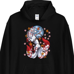 Japanese Kitsune Fox Hoodie, Nine Tailed Fox Hoodie, Cherry Blossom Sweatshirt, Sakura Tree Clothing, Japanese Fox Clothes, Japanese Outfit