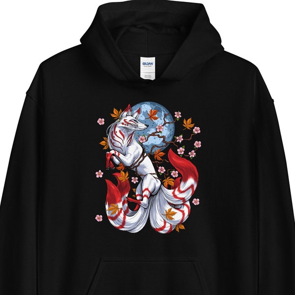 Japanischer Fuchs Hoodie, Neunschwänziger Fuchs Hoodie, Kirschblüte Sweatshirt, Sakura Baum Kleidung, Japanischer Fuchs Kleidung, Japanisches Outfit