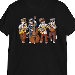 Cat Jazzband-T-shirt: saxofoon, trompet, contrabas