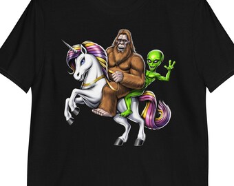 Maglietta Alien Bigfoot Riding Unicorn, Maglietta Criptozoologia, Maglietta Creature Criptidi, Maglietta Criptidi, Vestiti Criptidi, Abbigliamento Bigfoot