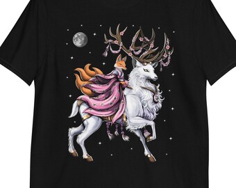 Japanese Fox T-Shirt, Nine Tailed Fox Shirt, Cherry Blossom Deer Tee, Sakura Tree Clothing, Japanese Fox Clothes, Japanese Fox Outfit
